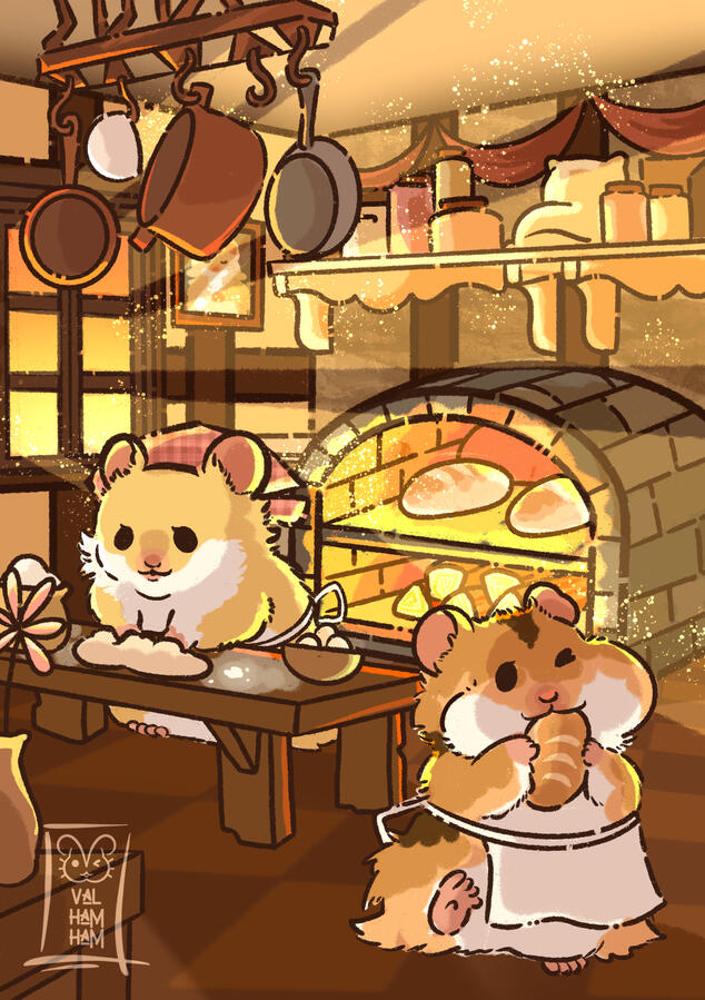 Two hamsters baking fresh bread to sell for the day.